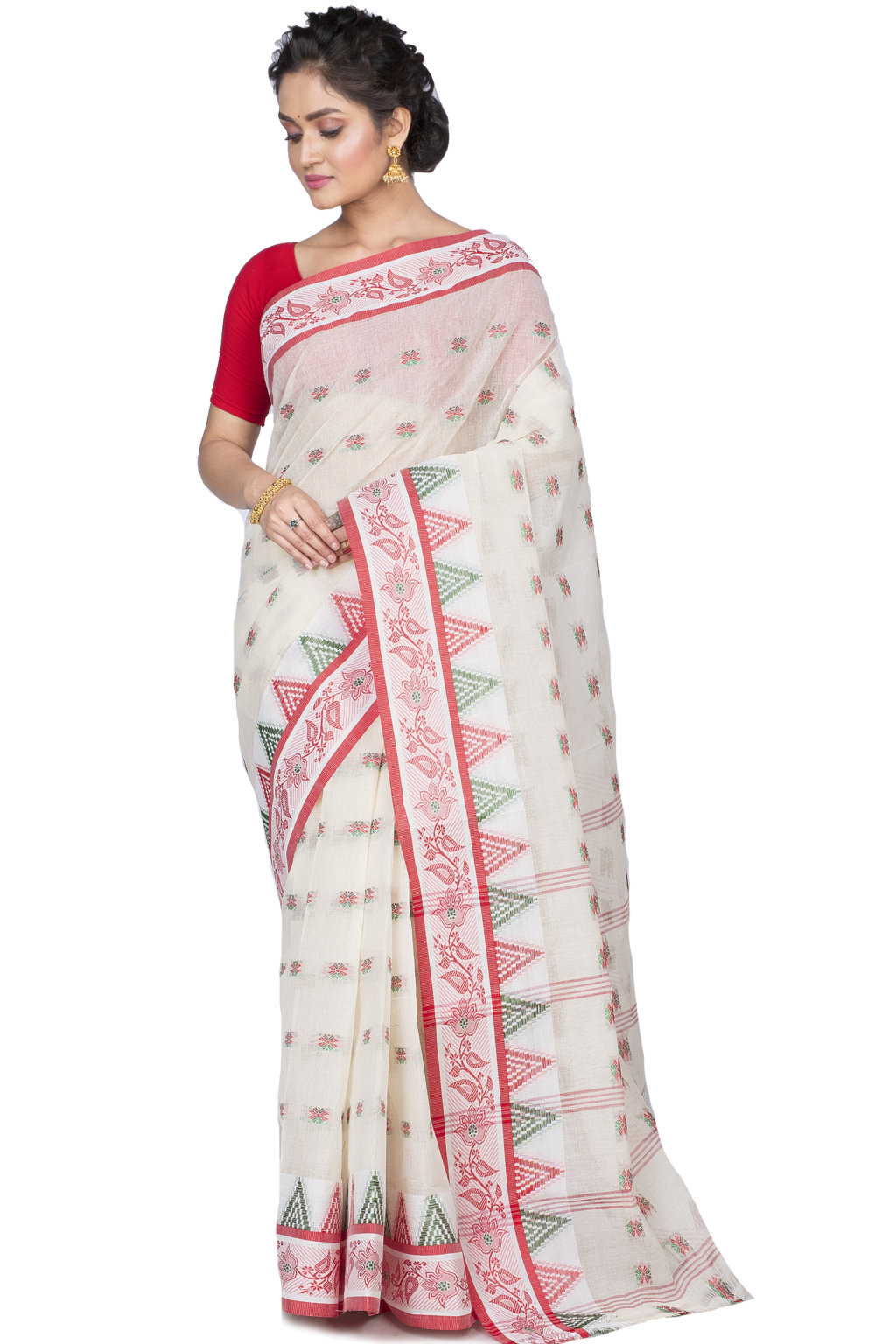 Red Pure Cotton Alkari Tant Saree (175)